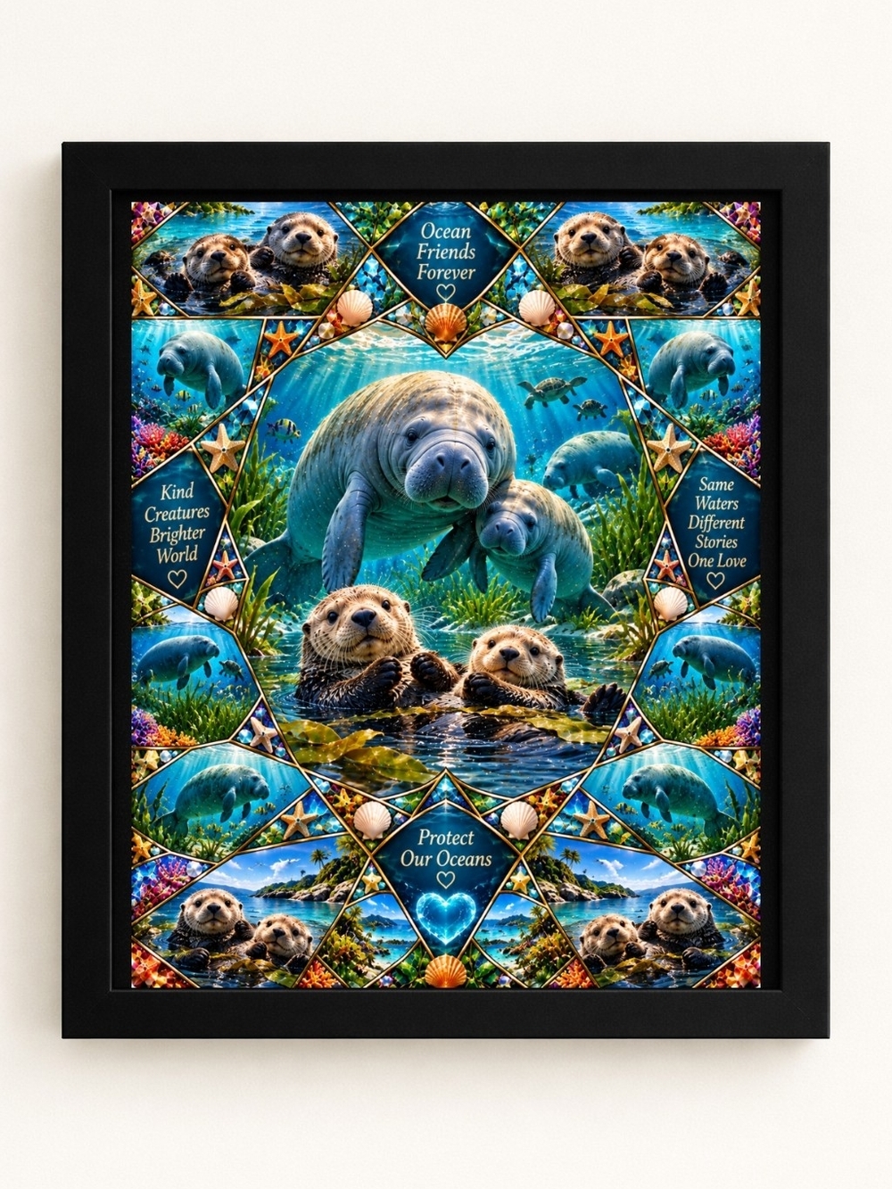 Ocean Friends Forever Manatee & Otter A.I. Art Print 8x10 Frame